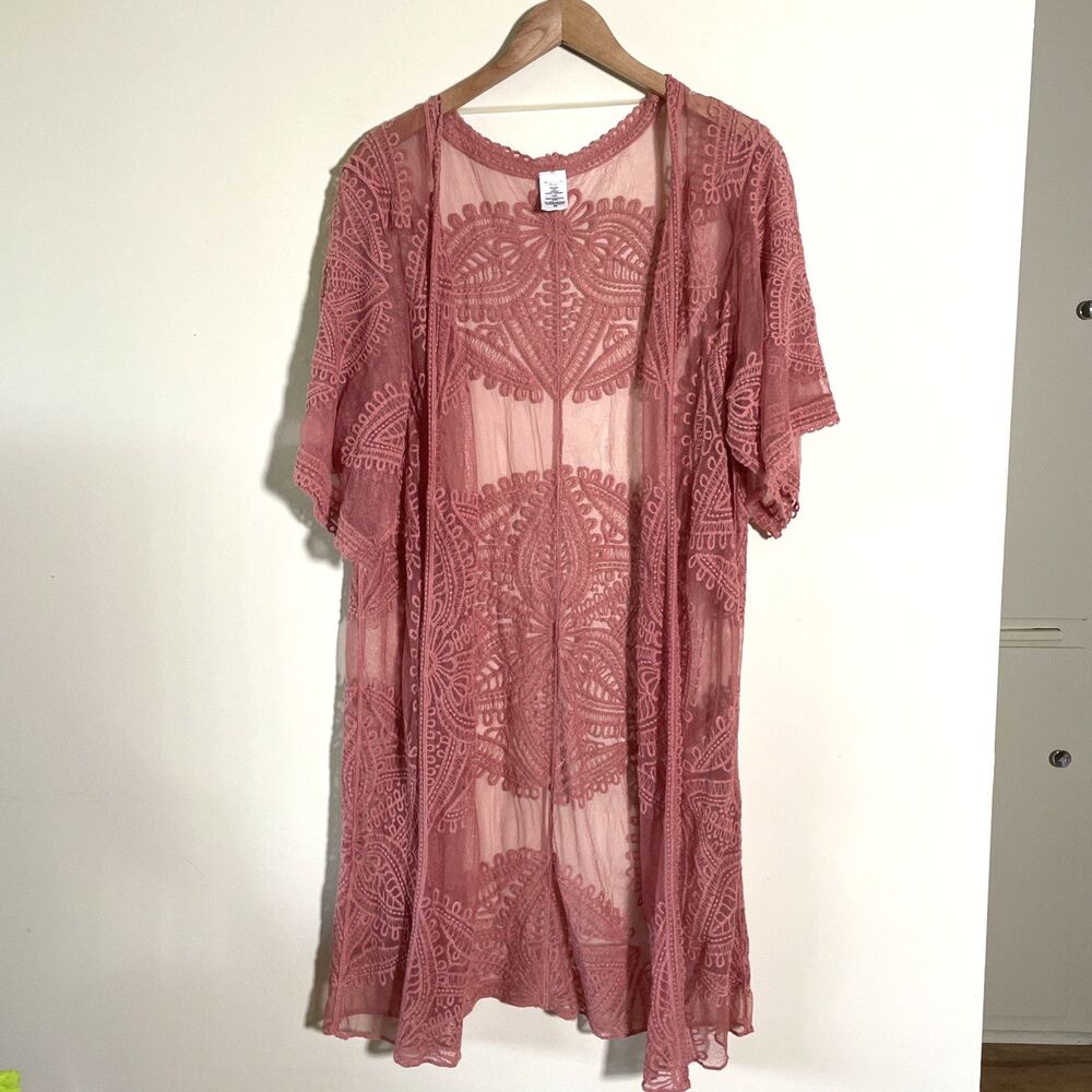 Women's Pink Open Front Lace Kimono Layering Cover Up Size L - XL Romantic